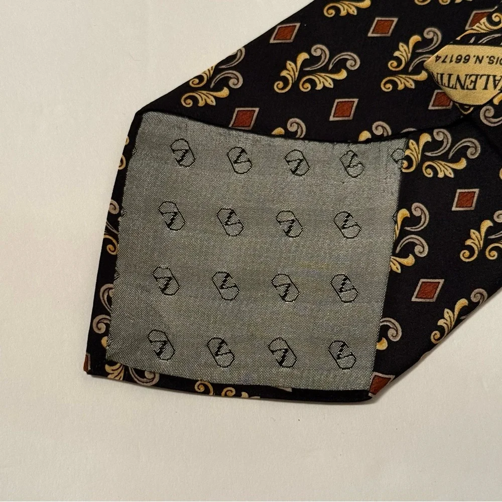 VALENTINO TIE BLACK GOLD BROWN GRAY PRINT SILK ITALY LUXURY WIDE MENS ACCESSORY